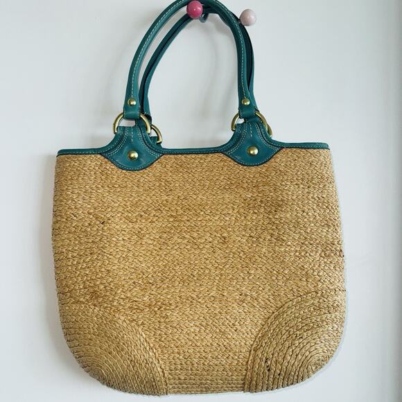 Vintage Coach Bleecker Natural Straw Tote Bag Teal Leather Boho Chic 15x13" Y2K - Picture 3 of 11